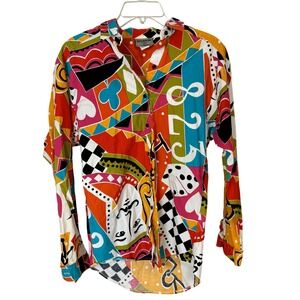 Colorful Cards and Dice Themed Long Sleeve Button Down Blouse‎ Women's Small